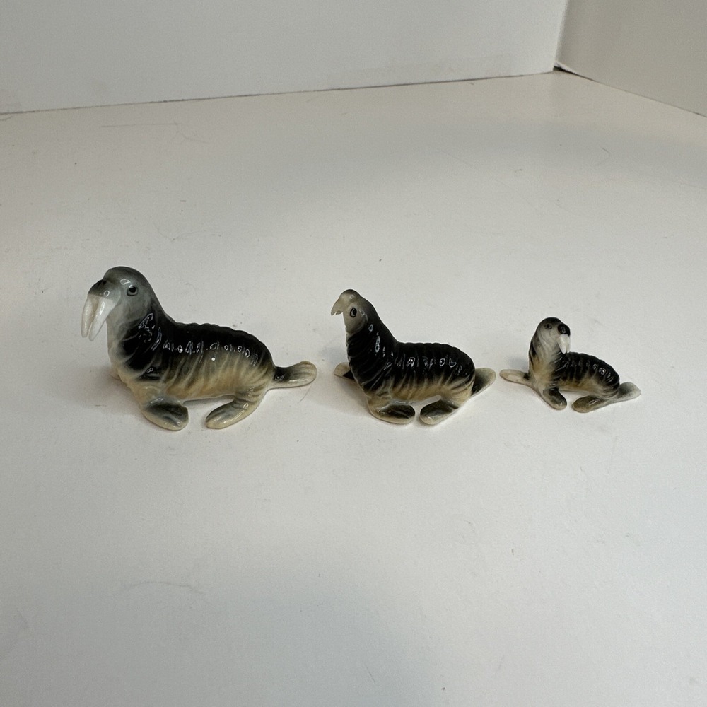 Vintage 3pc Lot Glossy Miniature Figurines Walruses Walrus Bone China Japan